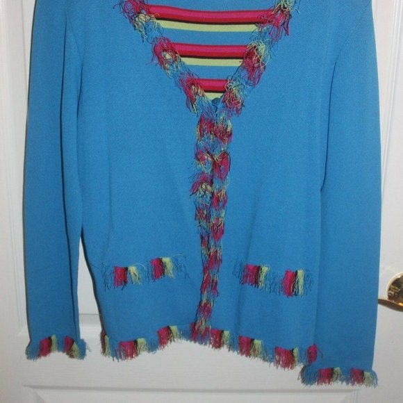 Alfred Dunner aqua red stripe faux sweater set eyelash trim Small EUC - Picture 2 of 5